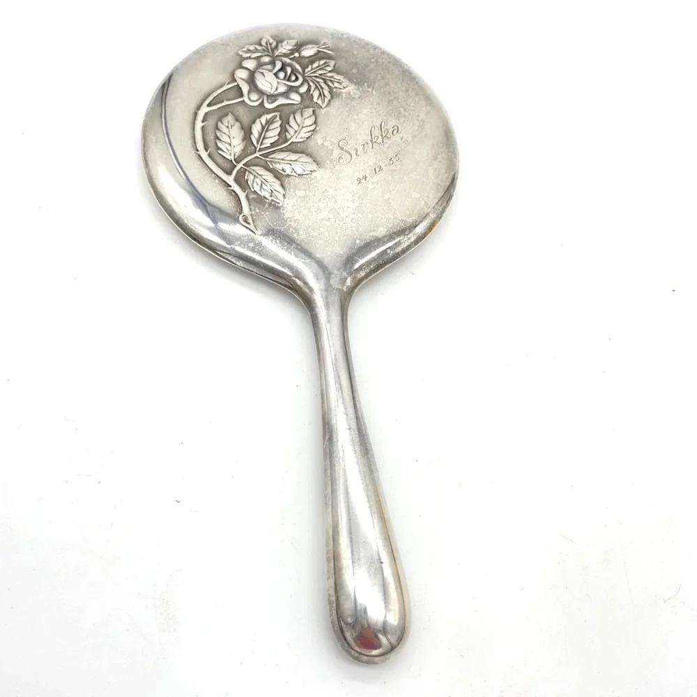 Vintage Alpaka Silver Tone‎ Hand Mirror Rose Embossed Sirkka 1955 Engraved
